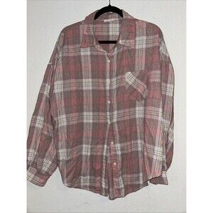 La Miel Women’s Pink Plaid Flannel Shirt Oversized Button Up Size L